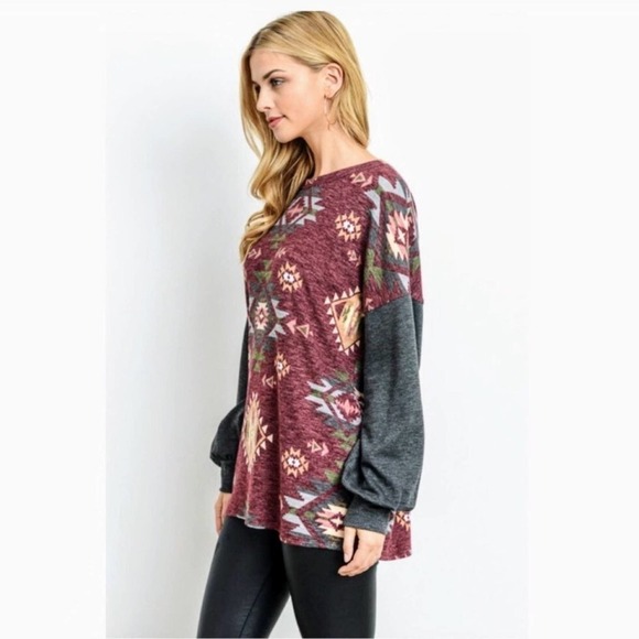 First Love Bohemian Aztec Ethnic Print Long Sleeve Shirt Puff Sleeves NWT Large - Picture 6 of 12